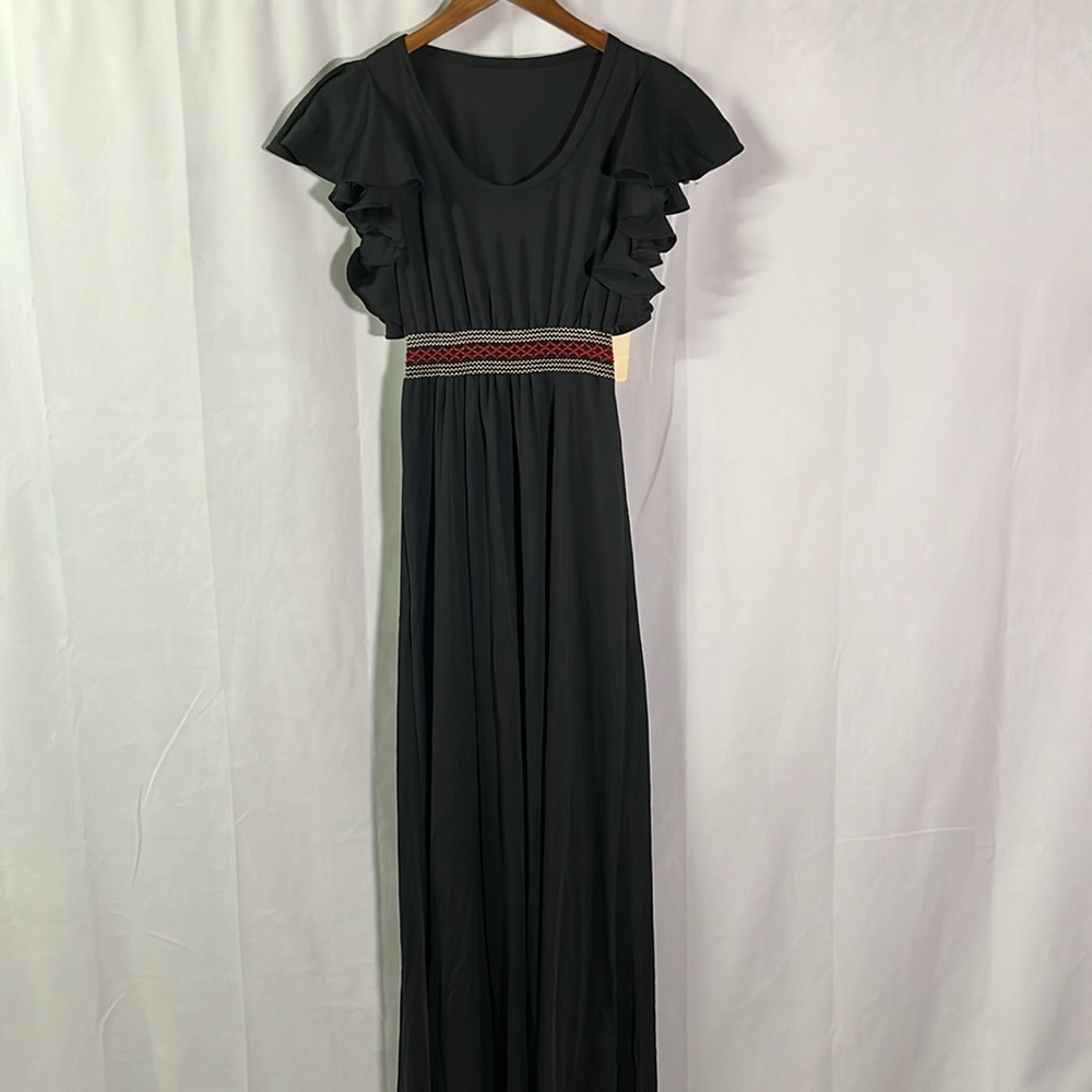 NWT Vintage Union Made Black Red & White Smocked Flutter Sleeve Maxi Dress